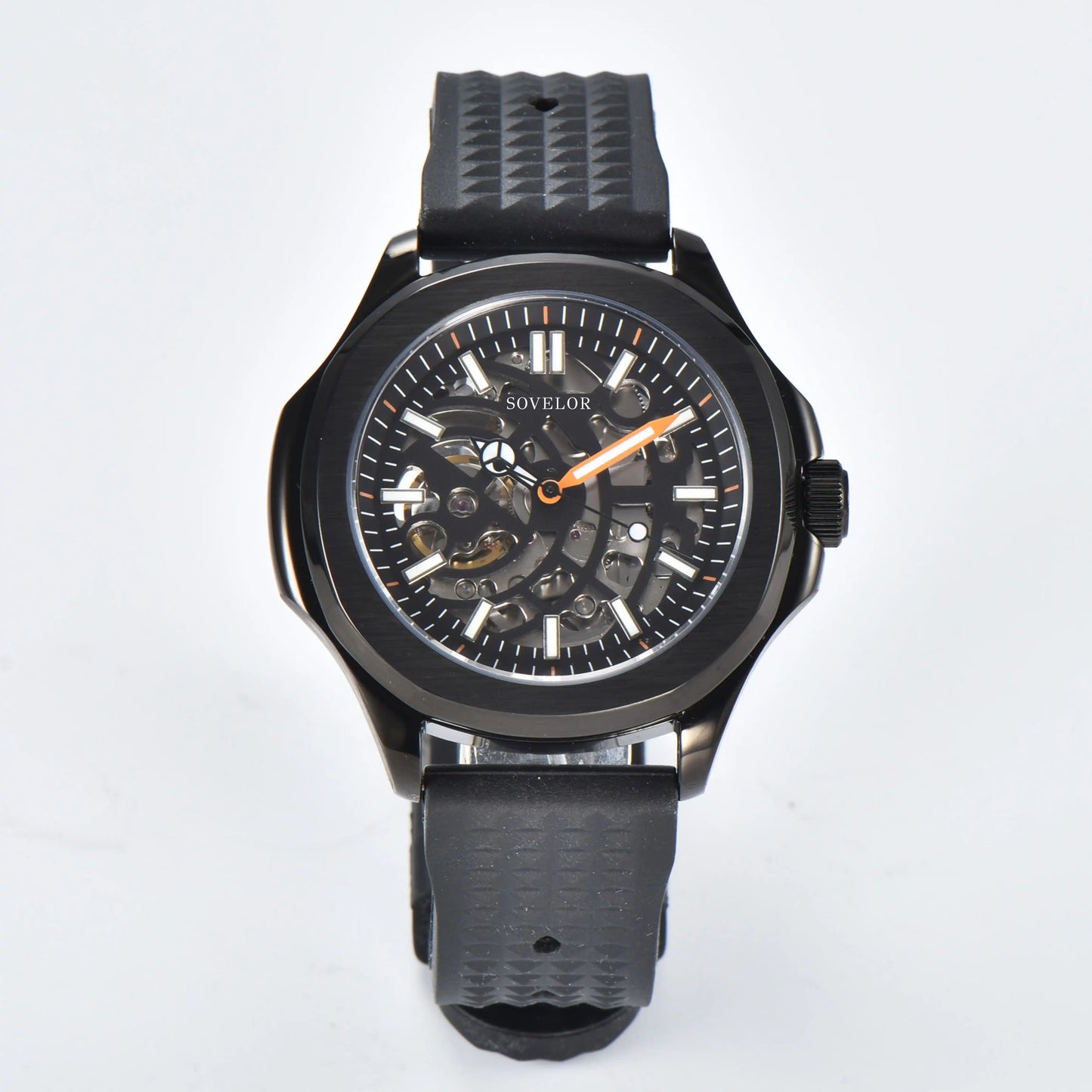 Custom skeleton Aquanaut style Seiko mod watch, black skeleton dial with black rubber strap, NH70 automatic movement