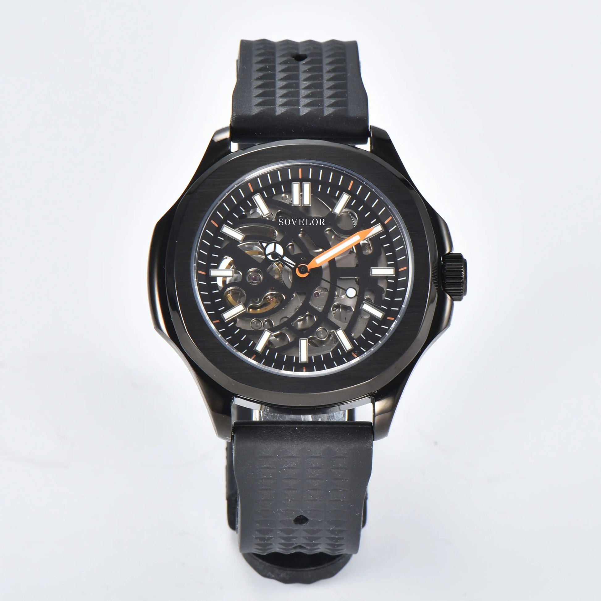 Custom skeleton Aquanaut style Seiko mod watch, black skeleton dial with black rubber strap, NH70 automatic movement