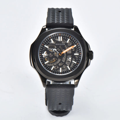 Custom skeleton Aquanaut style Seiko mod watch, black skeleton dial with black rubber strap, NH70 automatic movement