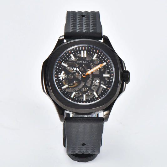 Custom skeleton Aquanaut style Seiko mod watch, black skeleton dial with black rubber strap, NH70 automatic movement