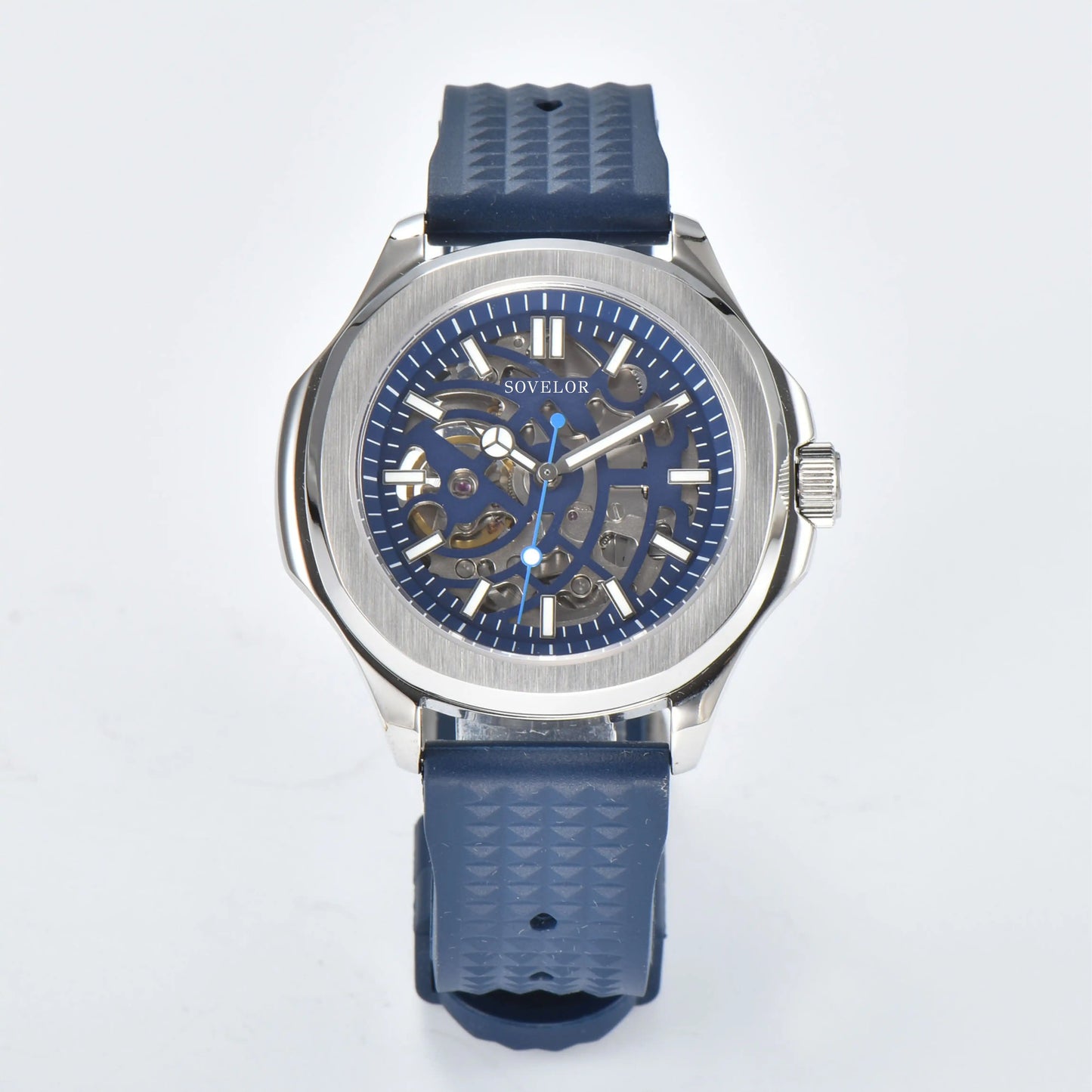 Custom skeleton Aquanaut style Seiko mod watch, blue open heart dial with blue rubber strap, NH70 automatic movement