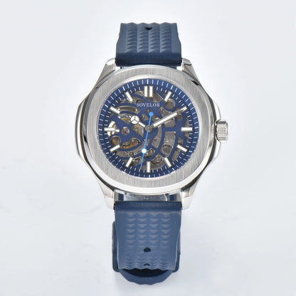 Custom skeleton Aquanaut style Seiko mod watch, blue open heart dial with blue rubber strap, NH70 automatic movement