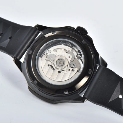 Clear case back showing Seiko NH70 automatic movement in skeleton Aquanaut style Seiko mod watch