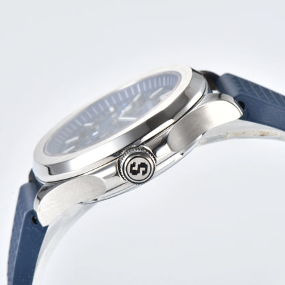 Side view of skeleton Aquanaut style Seiko mod watch, polished stainless steel case and crown detail