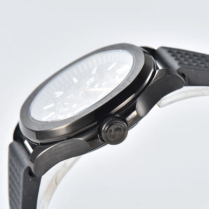 Side view of black skeleton Aquanaut style Seiko mod watch, polished stainless steel case and crown detail