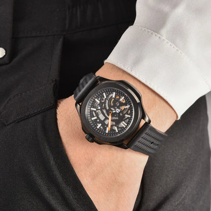 Men's skeleton black Aquanaut style Seiko mod watch on wrist, casual daily wear lifestyle shot