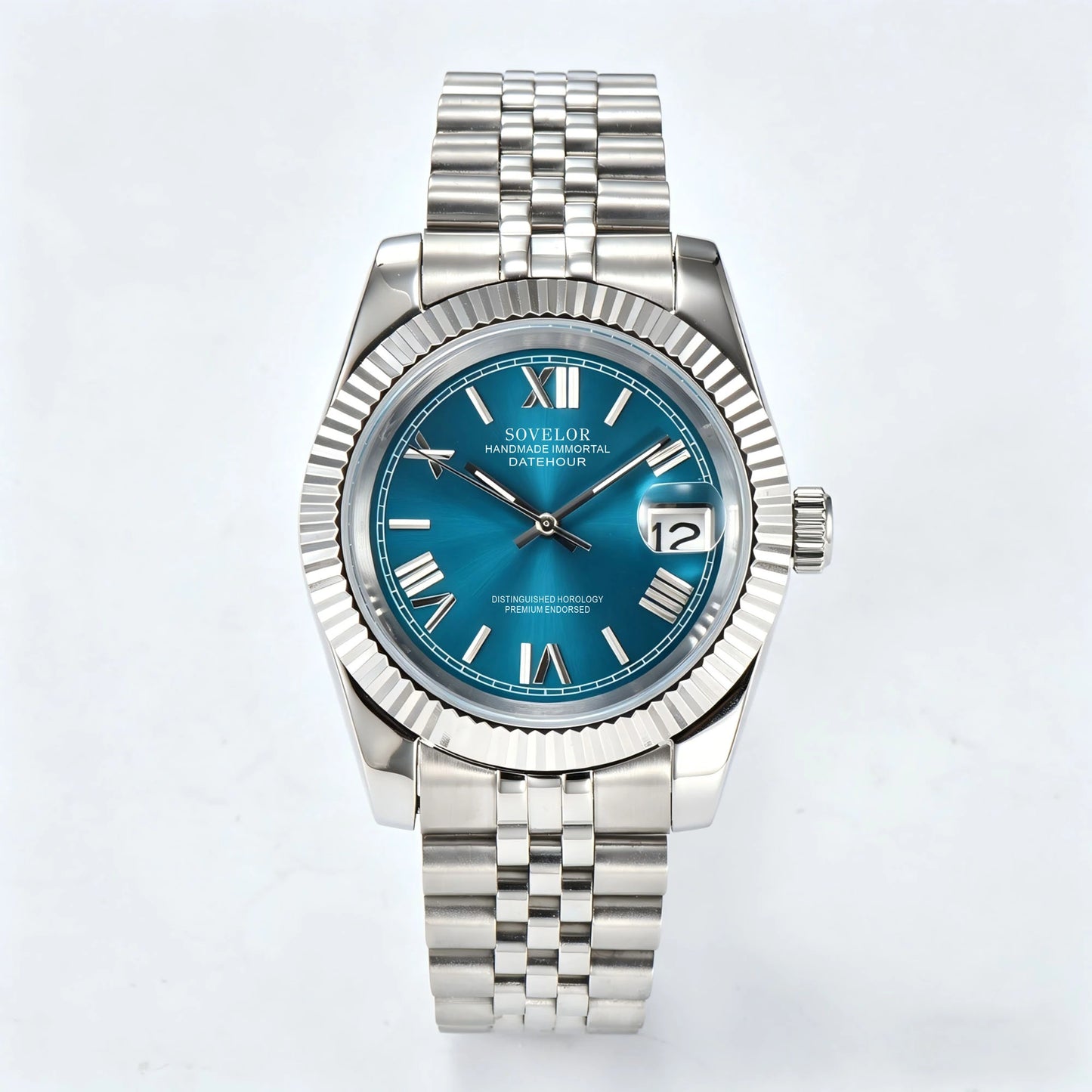 Seiko mod custom watch with Roman teal blue dial and Seiko NH35 automatic movement, sapphire crystal case