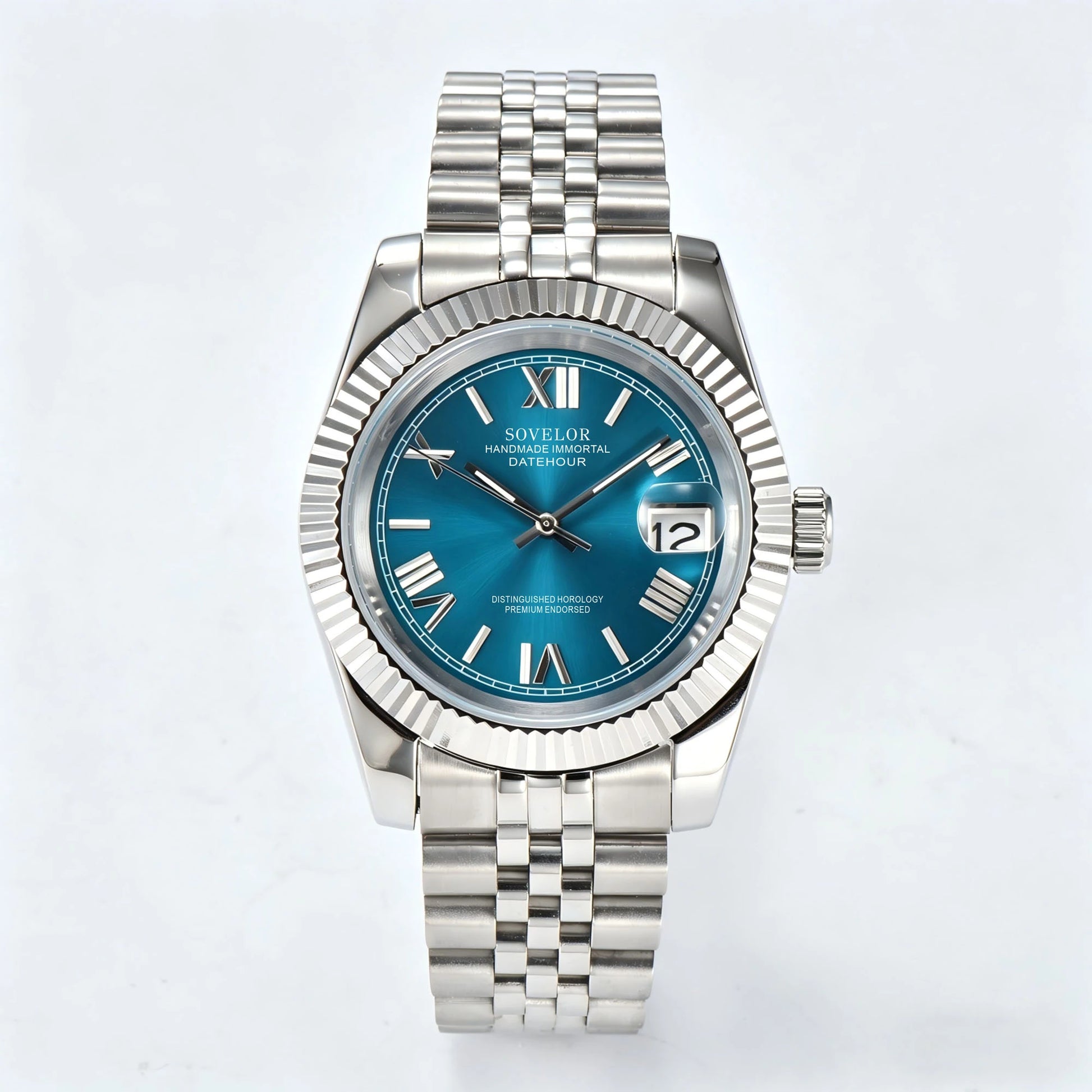 Seiko mod custom watch with Roman teal blue dial and Seiko NH35 automatic movement, sapphire crystal case