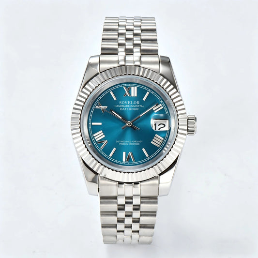 Seiko mod custom watch with Roman teal blue dial and Seiko NH35 automatic movement, sapphire crystal case
