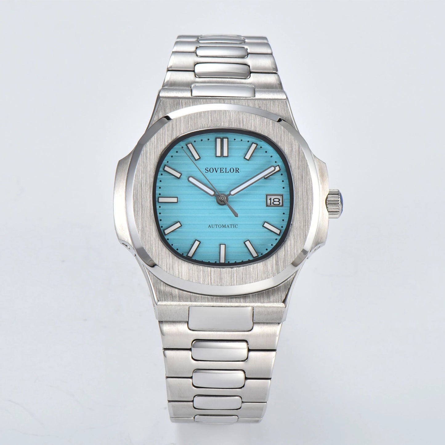 Custom Nautilus style Seiko mod watch, tiffany blue dial with stainless steel bracelet, NH35 automatic movement