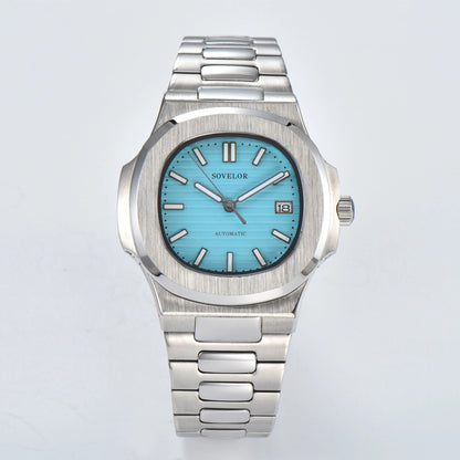 Custom Nautilus style Seiko mod watch, tiffany blue dial with stainless steel bracelet, NH35 automatic movement