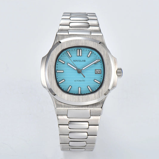 Custom Nautilus style Seiko mod watch, tiffany blue dial with stainless steel bracelet, NH35 automatic movement