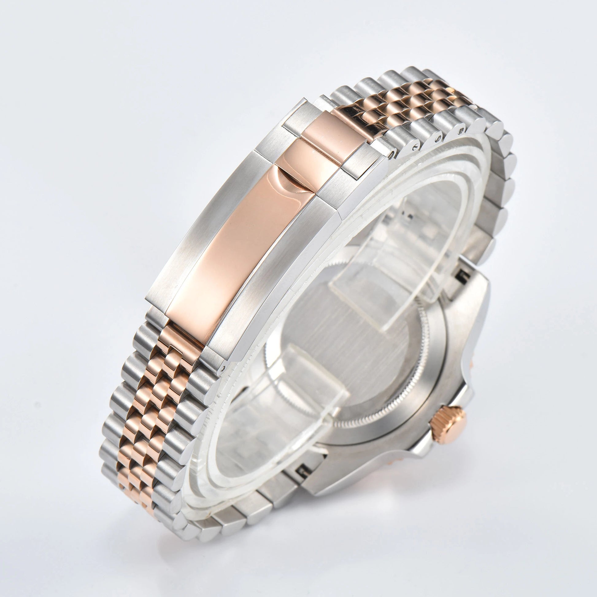 Close-up of custom Seiko mod watch solid stainless steel Two-Tone rose gold bracelet with safety folding clasp