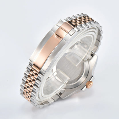 Close-up of custom Seiko mod watch solid stainless steel Two-Tone rose gold bracelet with safety folding clasp