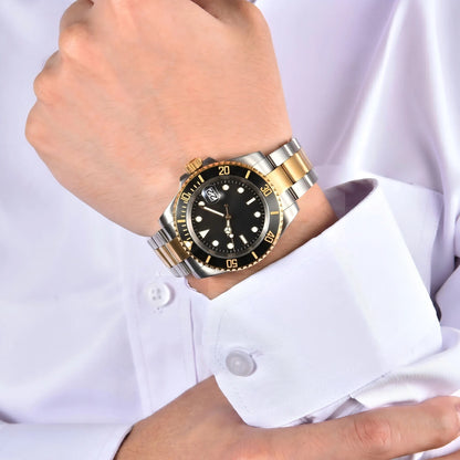 Men's two-tone gold black Seiko mod watch on wrist, Submariner style business lifestyle shot