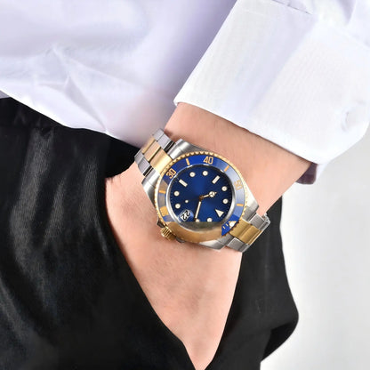 Two-tone gold blue custom Seiko mod watch worn on wrist, casual daily wear lifestyle shot