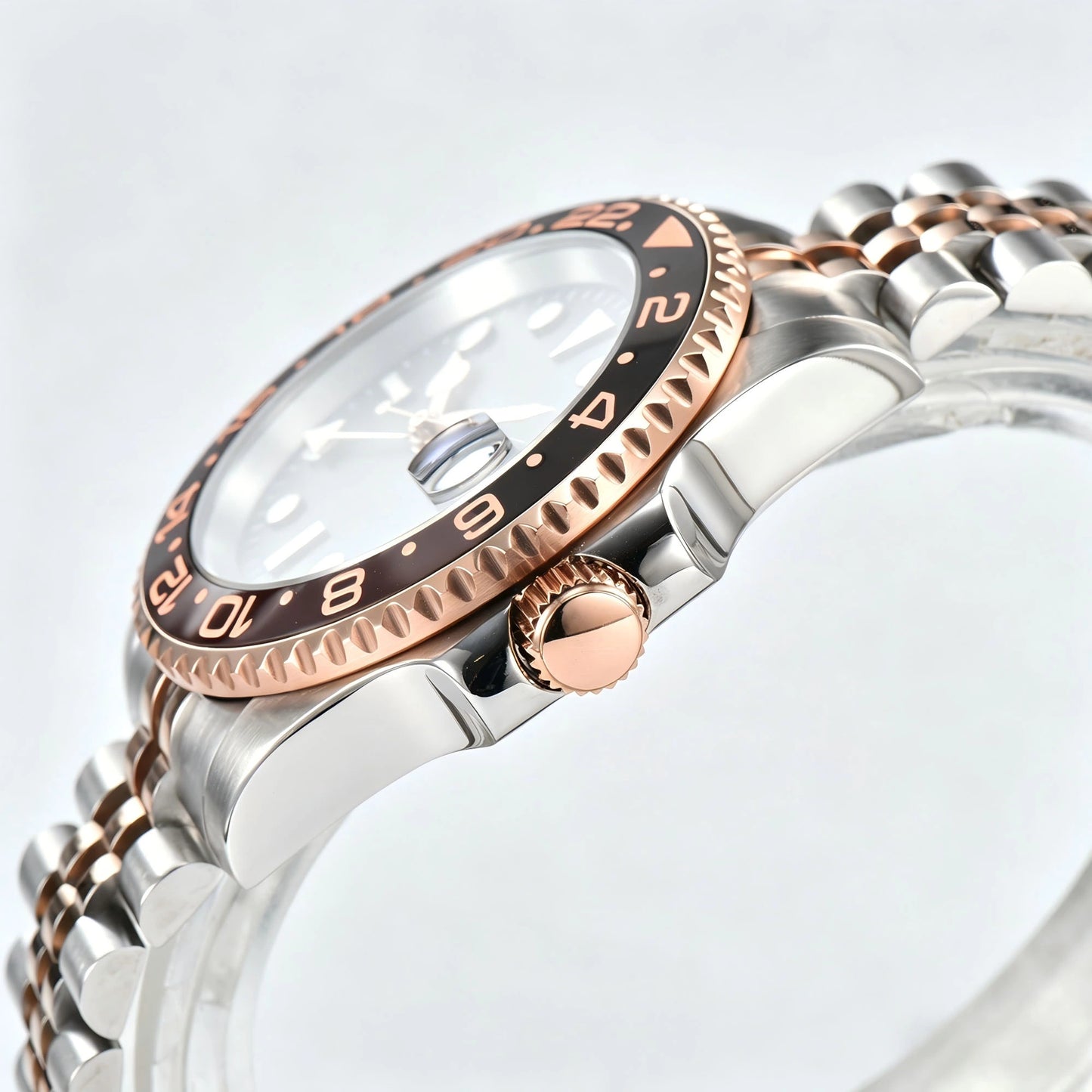 Side view of Seiko modified GMT watch showing signed screw-down crown and sapphire crystal