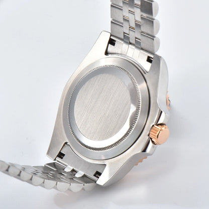 Custom Seiko mod watch with close caseback showing Two-Tone rose gold 316L stainless steel case