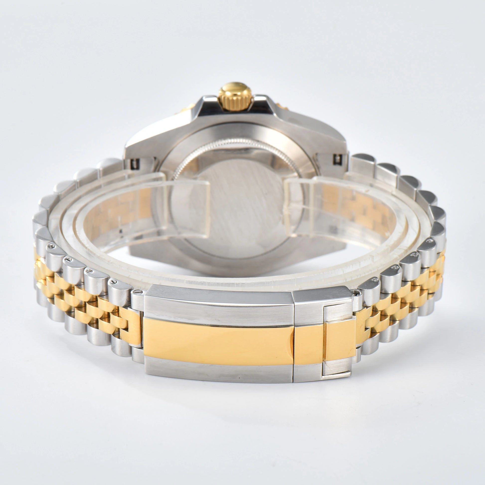 Close-up of custom GMT Seiko mod watch solid stainless steel bracelet with safety folding clasp and micro-adjustment