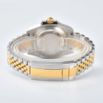 Close-up of custom GMT Seiko mod watch solid stainless steel bracelet with safety folding clasp and micro-adjustment