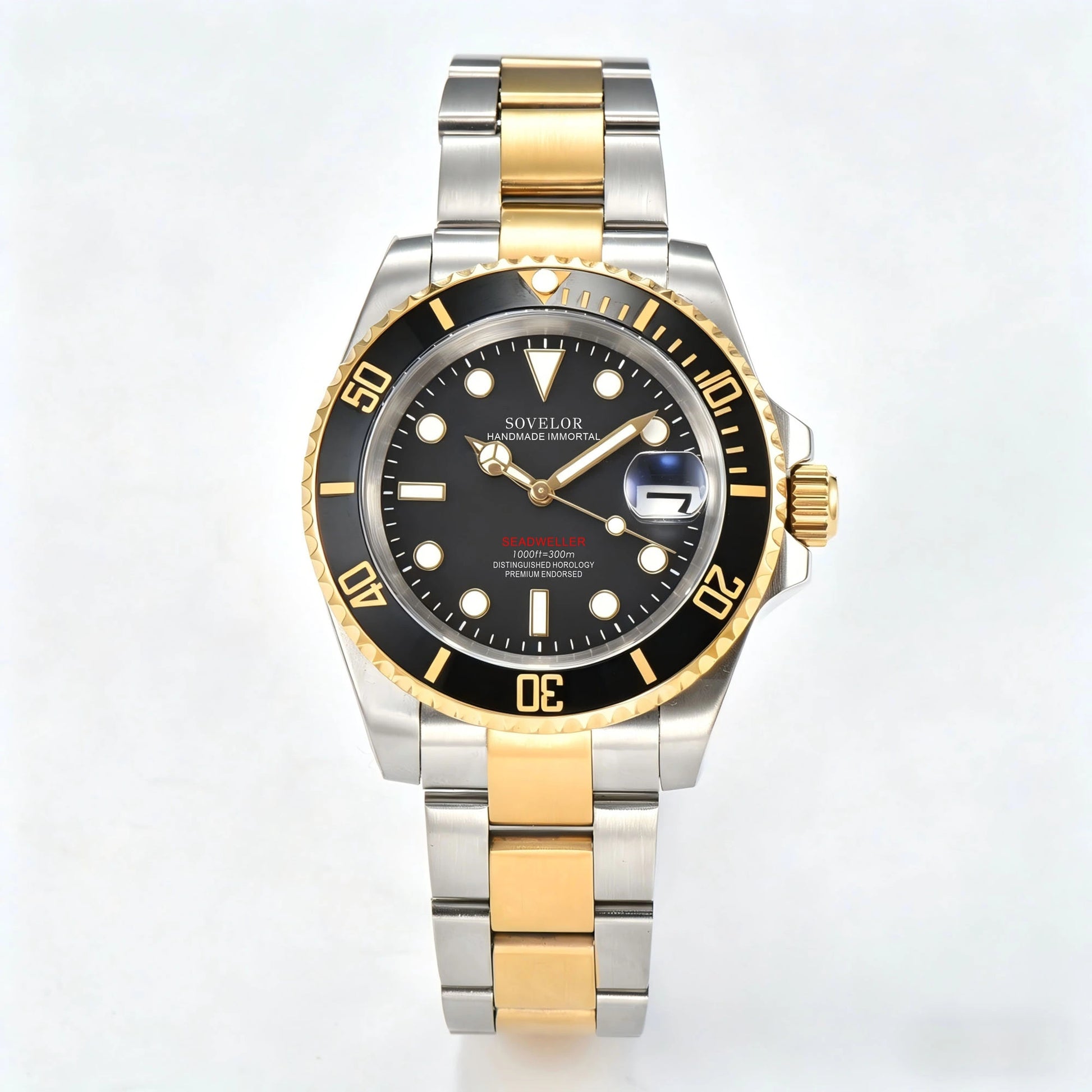 Custom two-tone gold black Seiko mod watch, Submariner style with genuine NH35 automatic movement