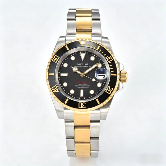 Custom two-tone gold black Seiko mod watch, Submariner style with genuine NH35 automatic movement