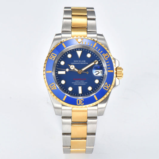 Custom two-tone gold blue Seiko mod watch, Submariner style with genuine NH35 automatic movement