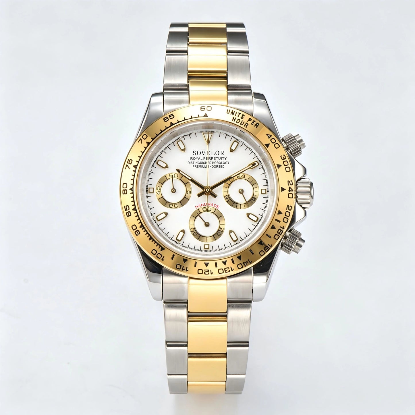 Custom Two-Tone white Seiko mod chronograph watch, Daytona style with white dial, VK63 hybrid movement
