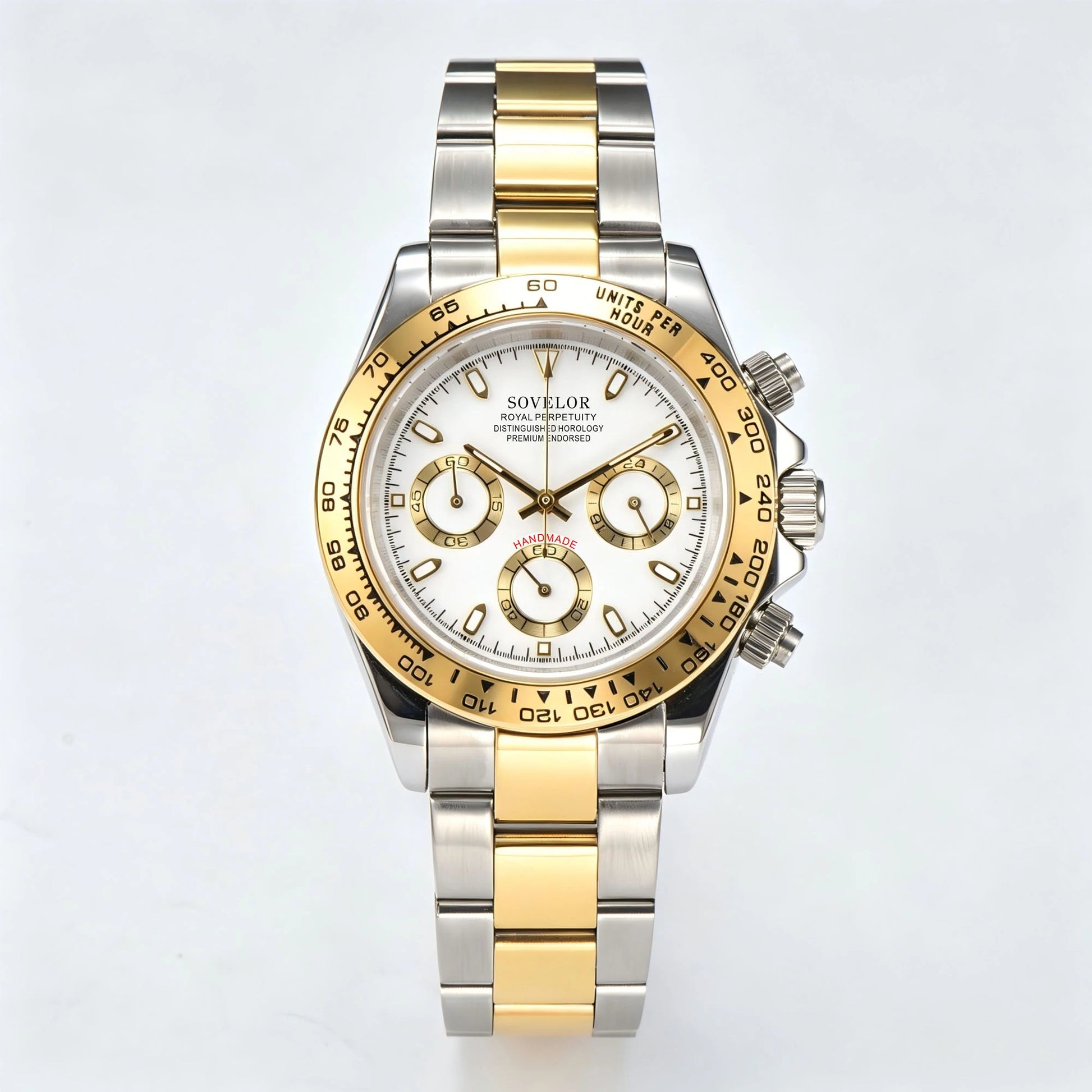 Custom Two-Tone white Seiko mod chronograph watch, Daytona style with white dial, VK63 hybrid movement