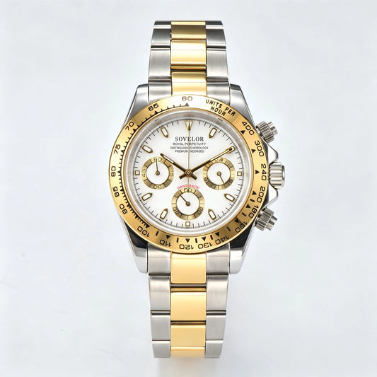Custom Two-Tone white Seiko mod chronograph watch, Daytona style with white dial, VK63 hybrid movement