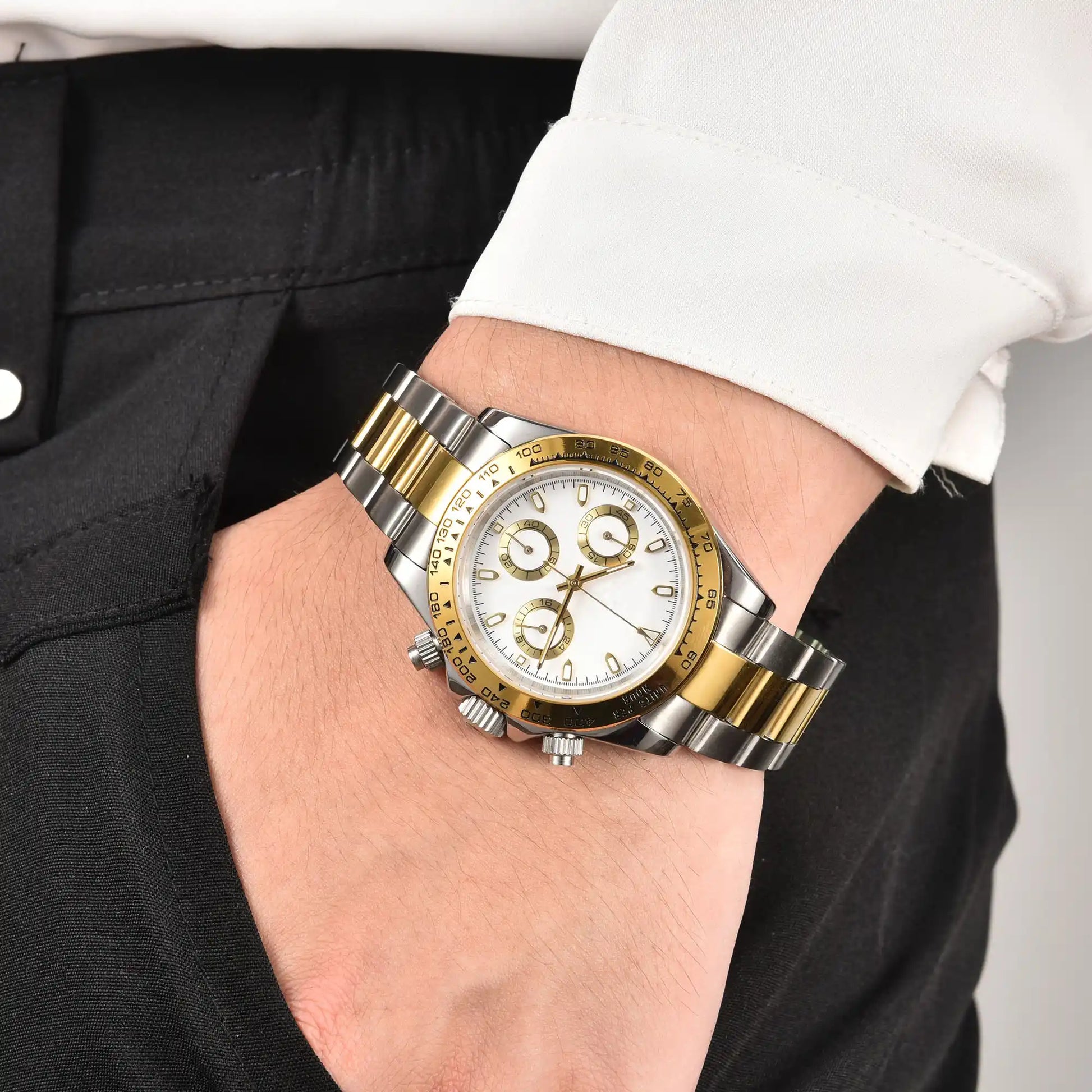 Two-Tone white Daytona style Seiko mod chronograph watch worn on wrist, casual daily wear shot