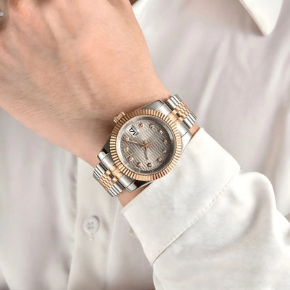 Wrist shot of custom Seiko nh35 datejust mod watch with sapphire crystal and diamond gray dial