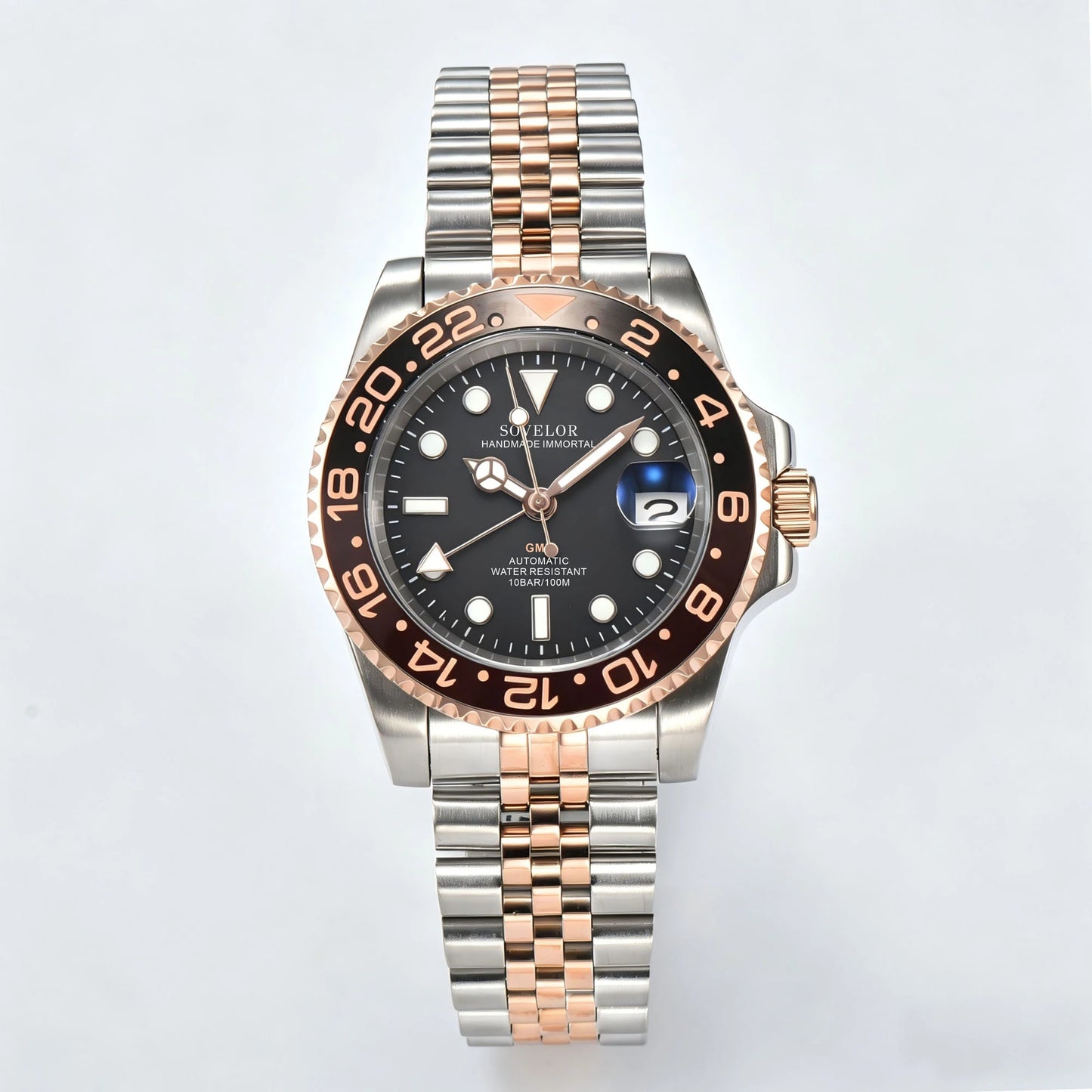 Seiko mod custom GMT watch with Two-Tone rose gold bracelet and Seiko NH34 automatic movement, sapphire crystal case