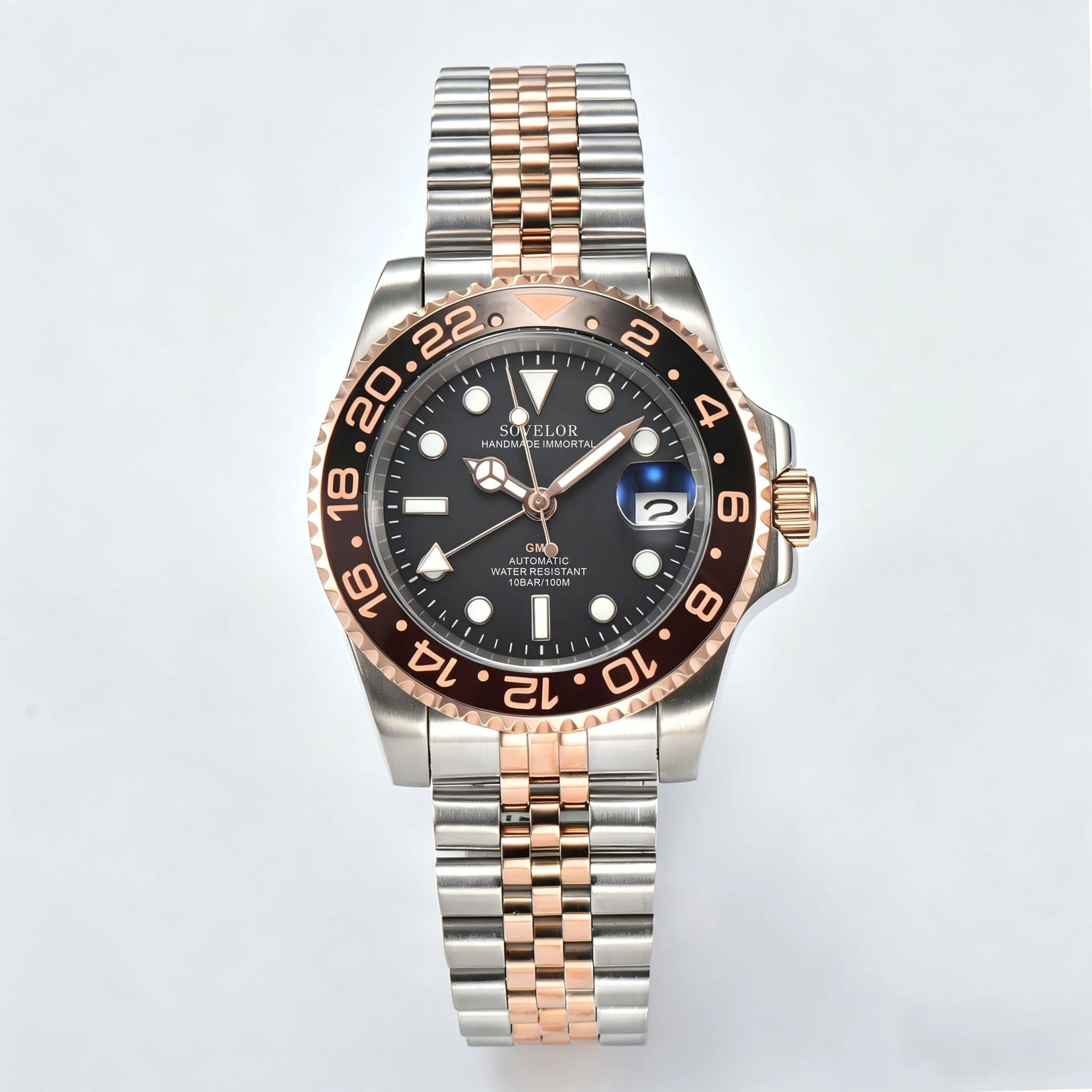 Seiko mod custom GMT watch with Two-Tone rose gold bracelet and Seiko NH34 automatic movement, sapphire crystal case