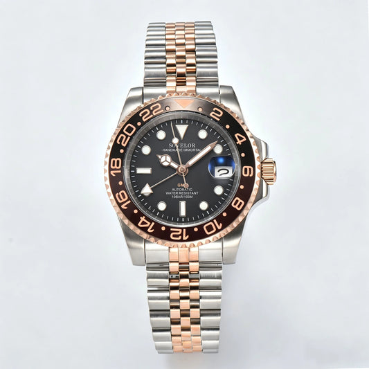 Seiko mod custom GMT watch with Two-Tone rose gold bracelet and Seiko NH34 automatic movement, sapphire crystal case