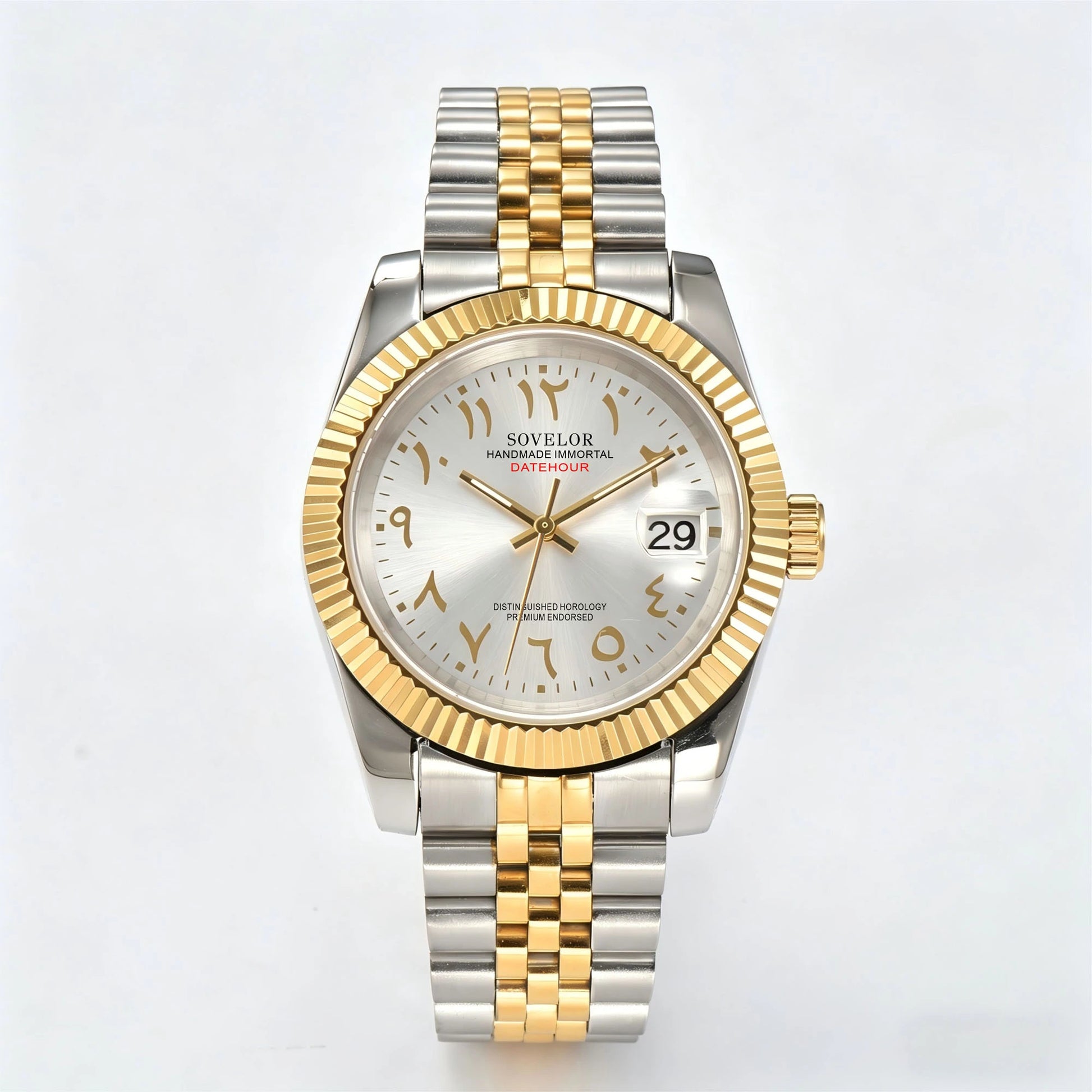 Seiko mod custom watch with Arabic silver dial and Seiko NH35 automatic movement, sapphire crystal Two-Tone case