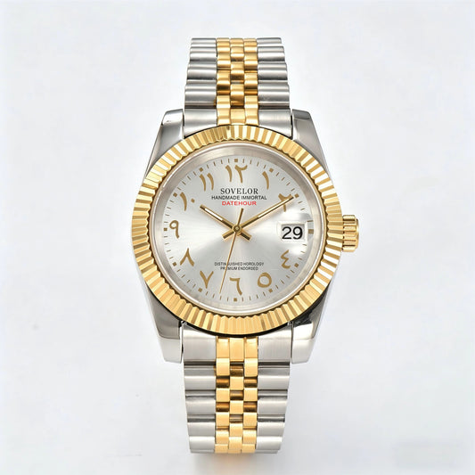 Seiko mod custom watch with Arabic silver dial and Seiko NH35 automatic movement, sapphire crystal Two-Tone case