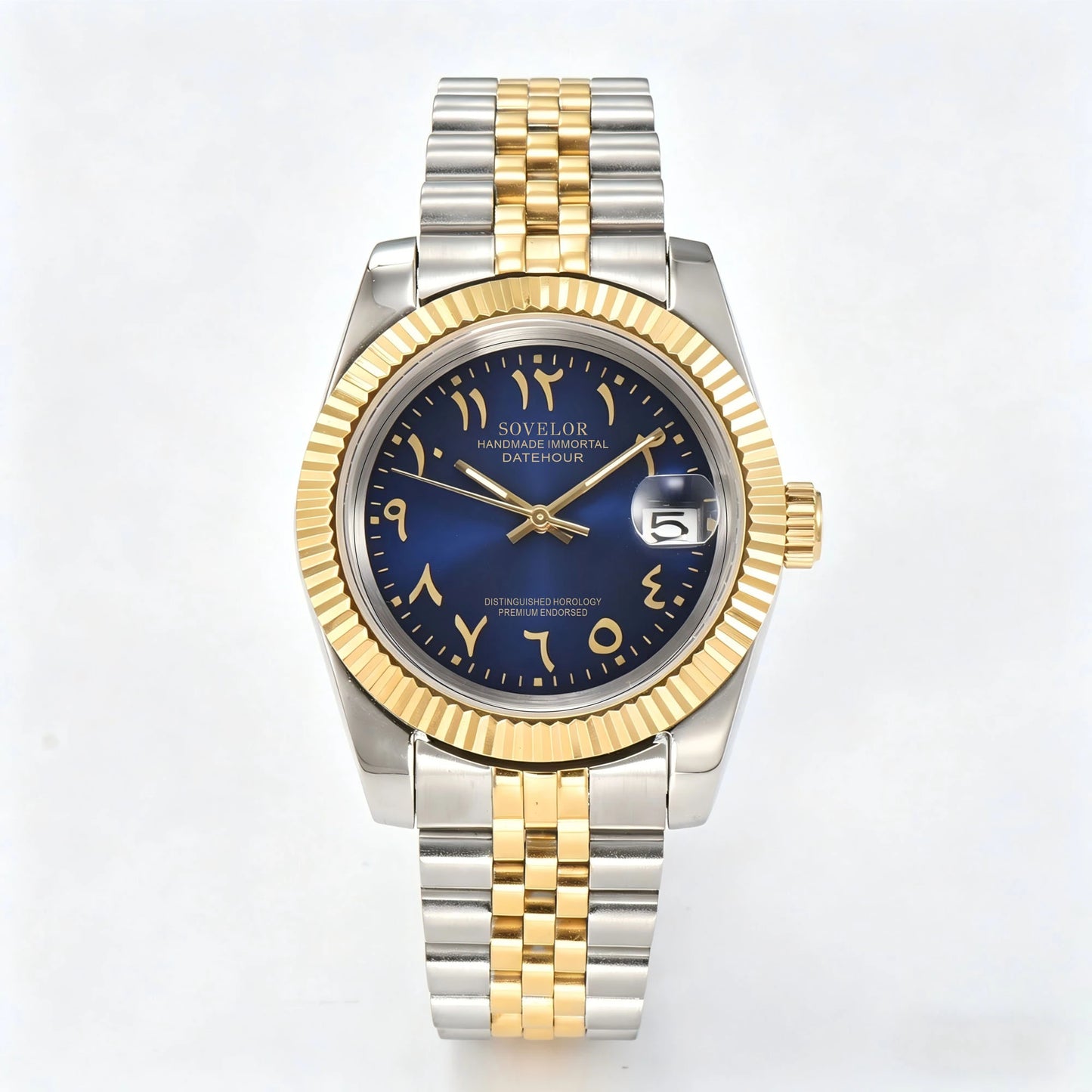 Seiko mod custom watch with Arabic deep blue dial and Seiko NH35 automatic movement, stainle steel Two-Tone bracelet