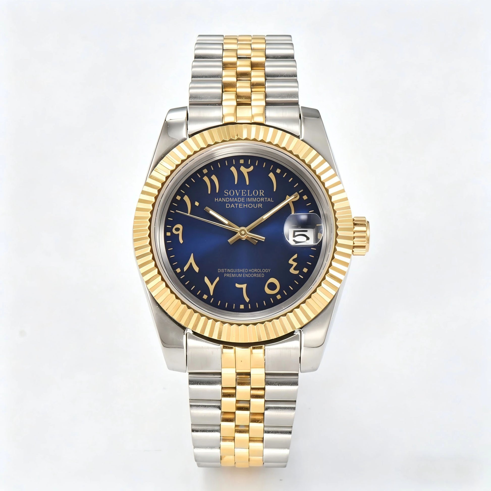 Seiko mod custom watch with Arabic deep blue dial and Seiko NH35 automatic movement, stainle steel Two-Tone bracelet
