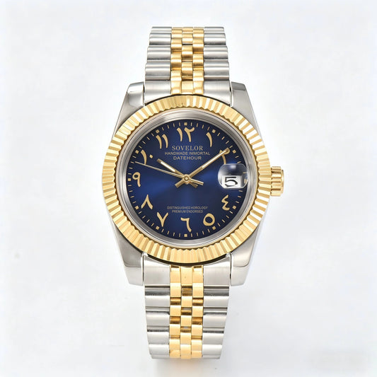Seiko mod custom watch with Arabic deep blue dial and Seiko NH35 automatic movement, stainle steel Two-Tone bracelet
