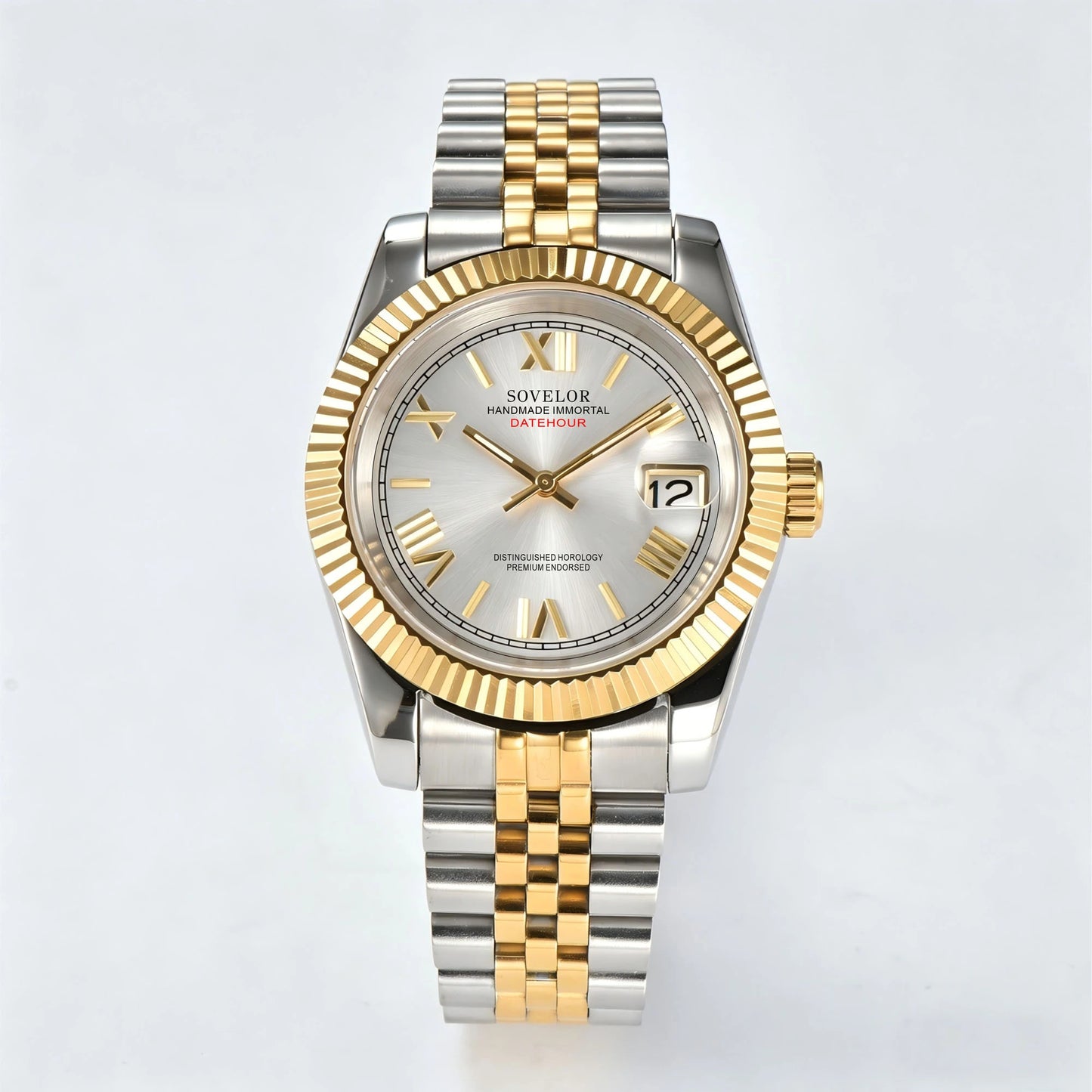 Seiko mod custom watch with Roman silver dial and Seiko NH35 automatic movement, stainless steel Two-Tone bracelet