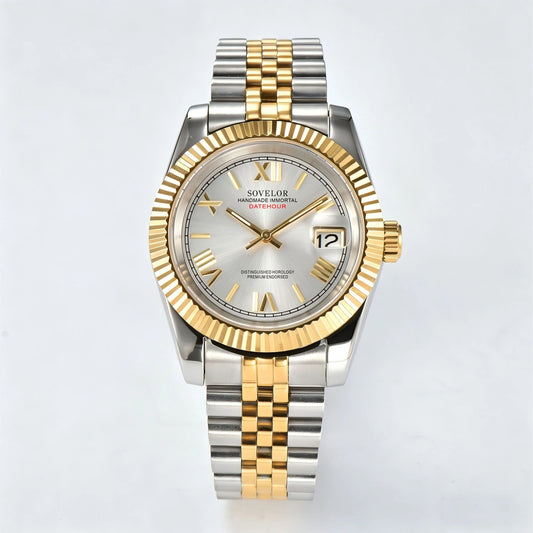 Seiko mod custom watch with Roman silver dial and Seiko NH35 automatic movement, stainless steel Two-Tone bracelet
