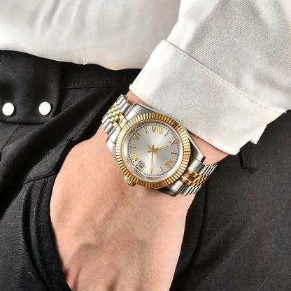 Wrist shot of custom Seiko nh35 datejust mod watch with sapphire crystal and Roman silver dial