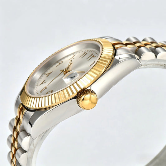 Side view of Seiko modified datejust watch showing signed screw-down crown and sapphire crystal Two-Tone case