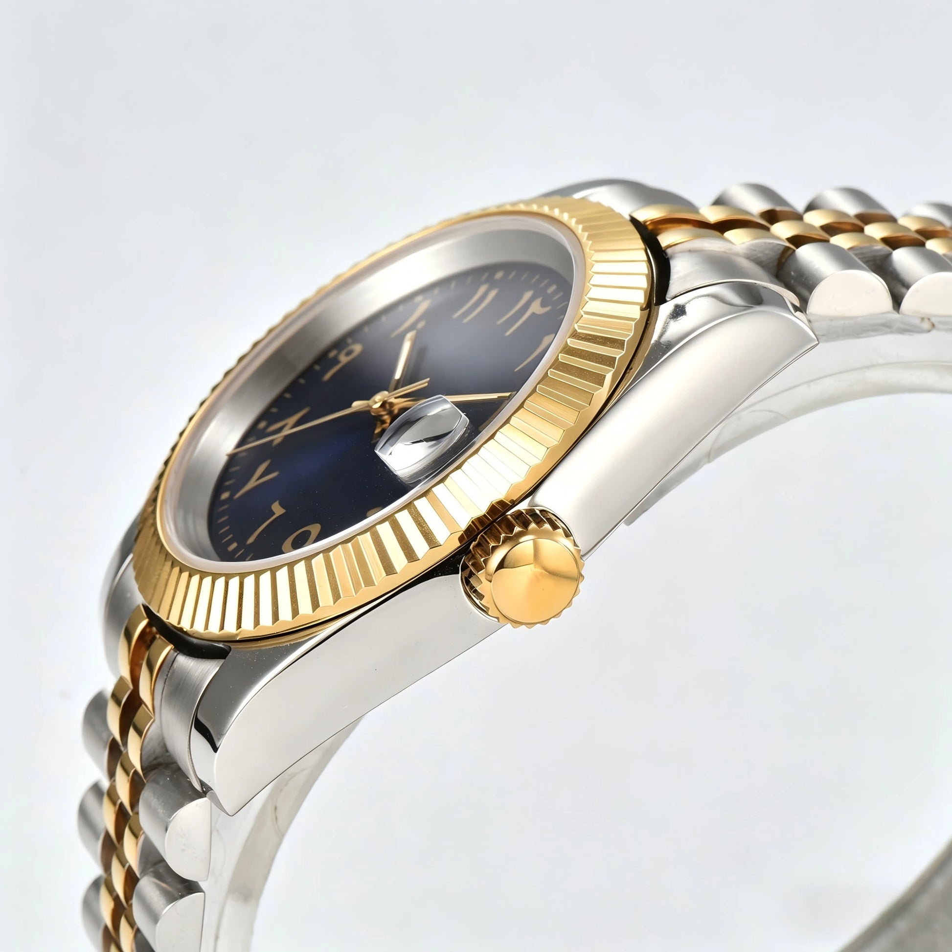 Side view of Seiko modified datejust watch showing signed screw-down crown and sapphire crystal Two-Tone case