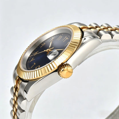 Side view of Seiko modified datejust watch showing signed screw-down crown and sapphire crystal Two-Tone case
