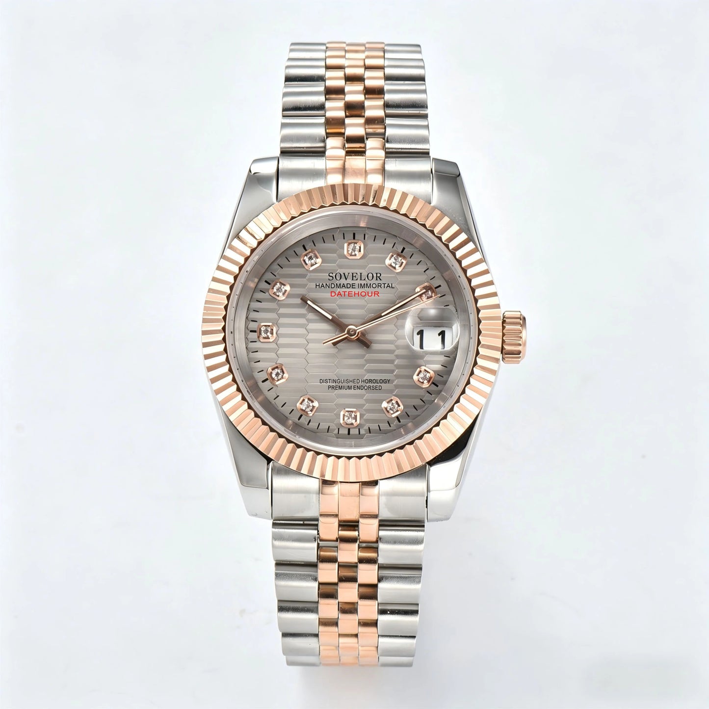 Seiko mod custom watch with diamond gray dial and Seiko NH35 automatic movement, Two-Tone rose gold bracelet
