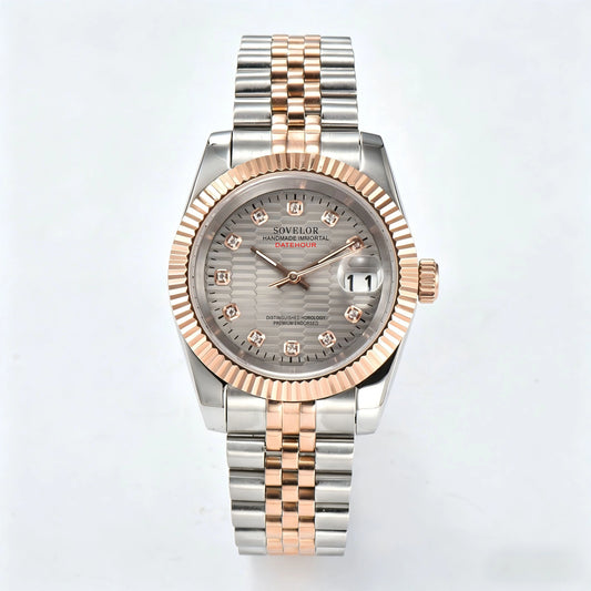 Seiko mod custom watch with diamond gray dial and Seiko NH35 automatic movement, Two-Tone rose gold bracelet