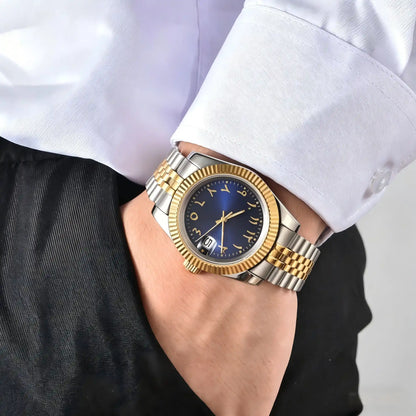 Wrist shot of custom Seiko mod watch worn with a formal suit, showcasing the polished finish and refined dial details