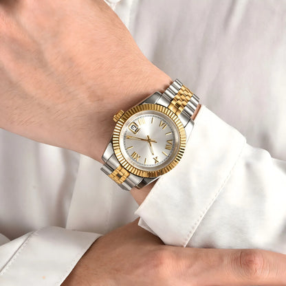 Wrist shot of custom Seiko mod watch worn with a formal suit, showcasing the polished finish and refined dial details